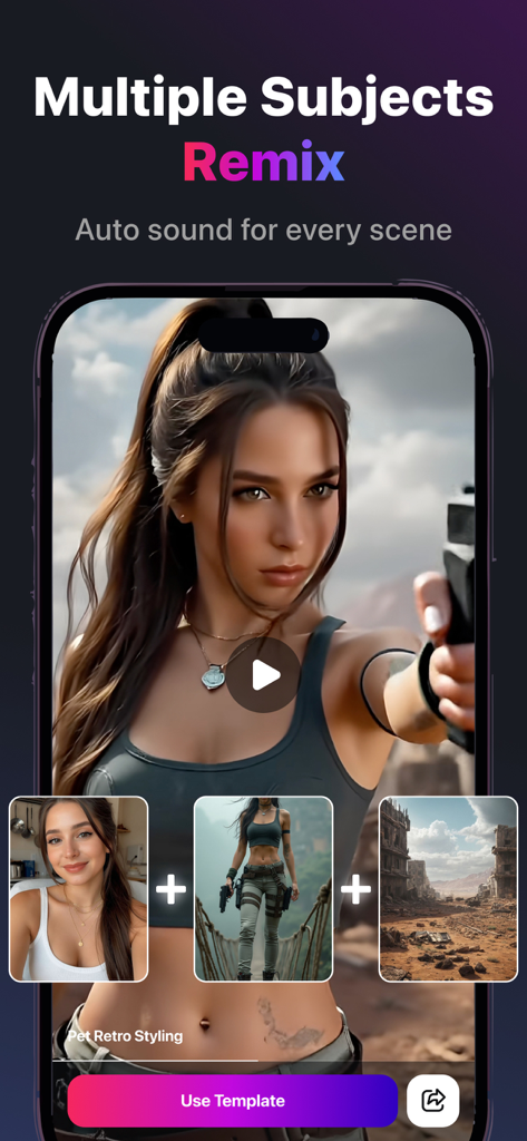 Filmit AI: AI Video Generator - Filmit AI app interface showing the Multiple Subjects Remix feature for creating cinematic videos by combining portrait and background images.