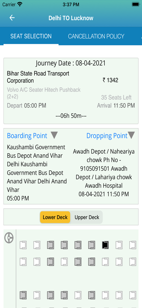 IRCTC Tourism mobile app screen for bus seat selection and booking details