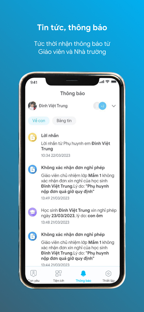 SISAP Phụ huynh 앱 내에서 학교 알림 및 선생님 메시지를 보여주는 iPhone 디스플레이.