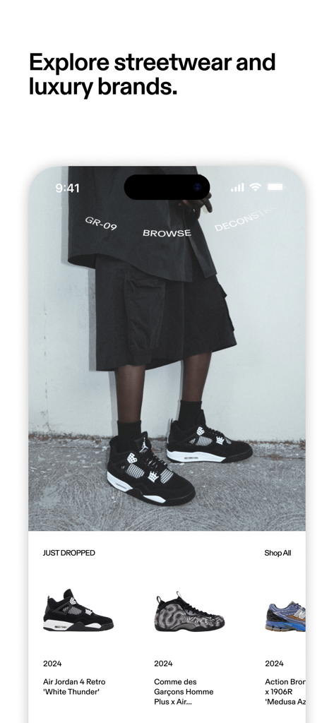 GOAT app interface showing streetwear apparel and new sneaker drops including Air Jordan 4