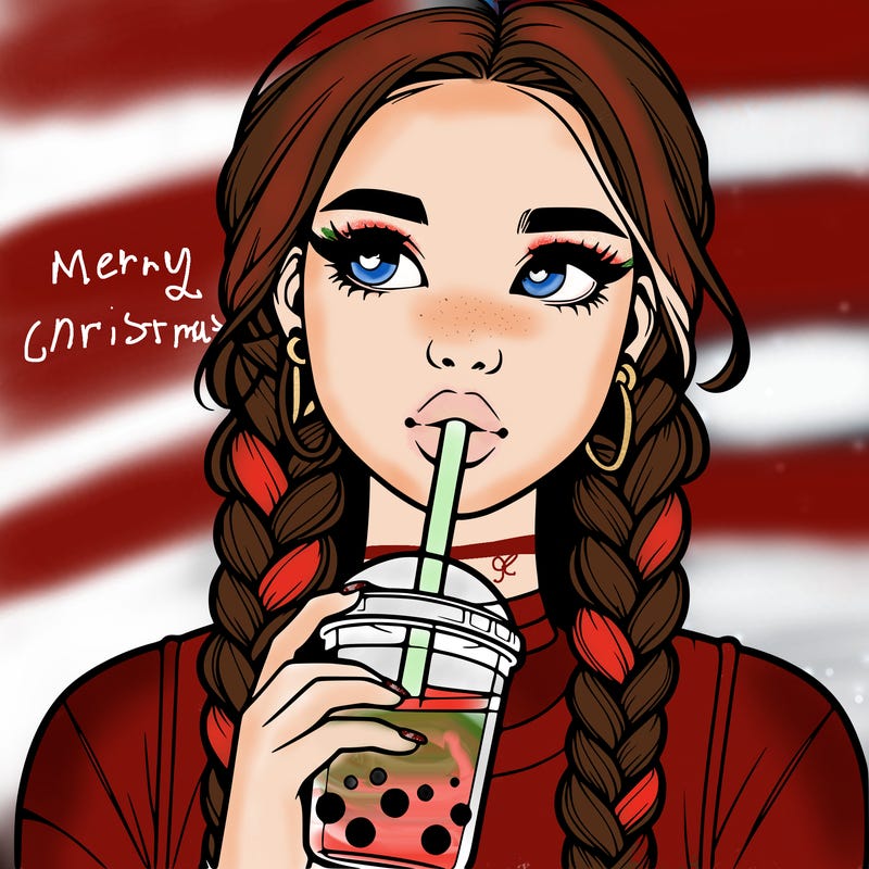 realistic girl with braided hair drinking boba