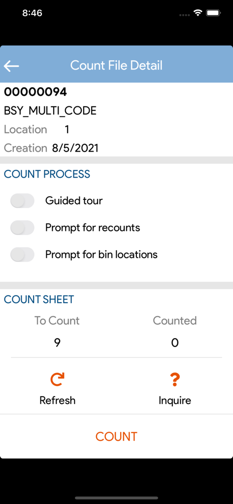 TIMS - TIMS app interface showing count file details with inventory tracking options and stocktaking status