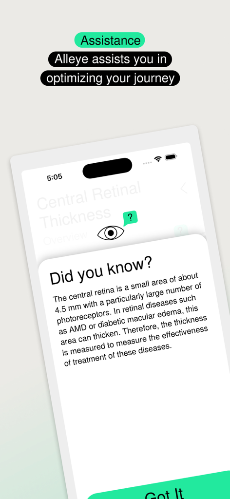 Alleye - Alleye app screen showing educational information about central retinal thickness and disease monitoring