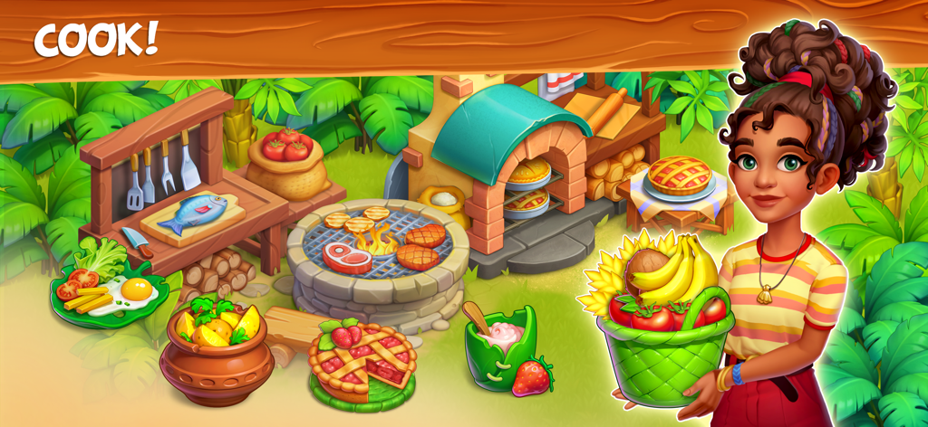 A female character holding a harvest basket in a tropical outdoor kitchen featuring a stone oven and grilled food.