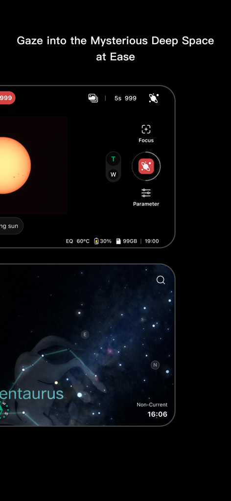 DWARFLAB - DWARFLABアプリのインターフェース。太陽観測コントロールとケンタウルス座のデジタルスターアトラスを表示しています。