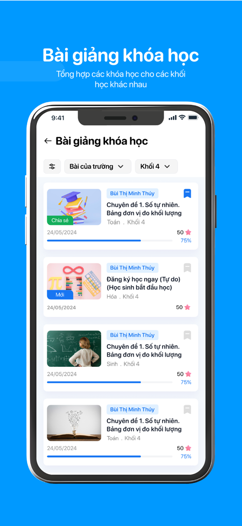 eNetViet Học sinh - eNetViet Học sinh app interface displaying a list of online school course lectures and student progress