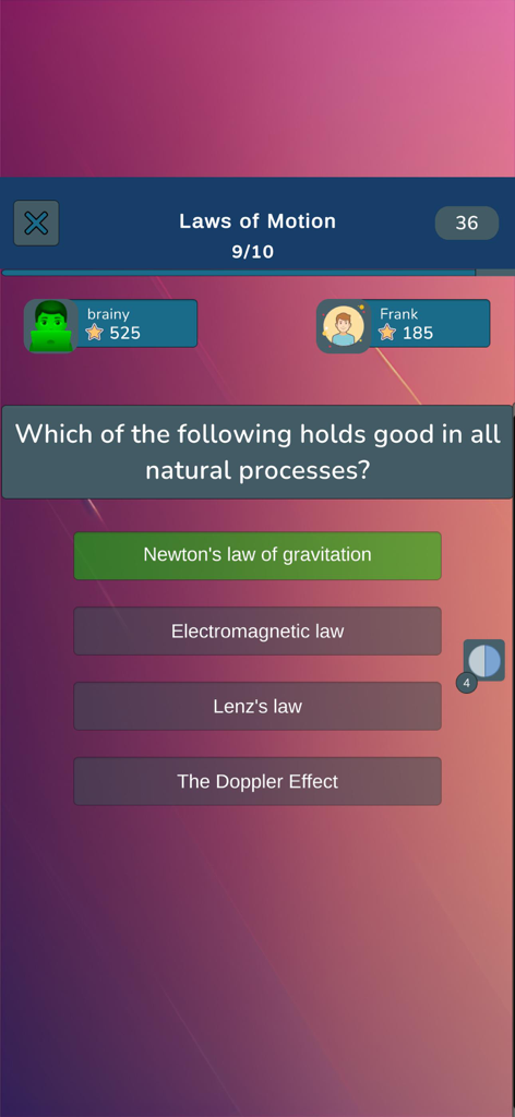 Physics Quiz - Trivia - Multiplayer physics quiz game screen with a question about laws of motion.
