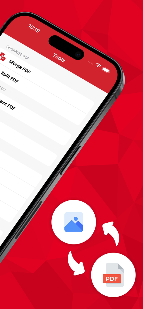 iPhone screen showing the tools menu of the Photos to PDF Converter App including Merge and Split PDF features.