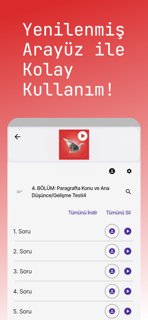 Limit Cepte - Limit Cepte app interface showing a list of questions with video play and download buttons