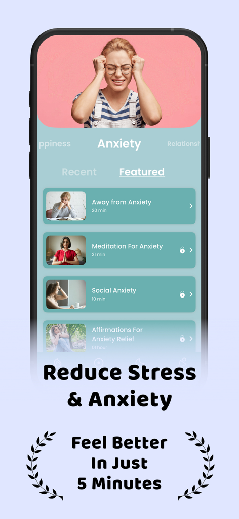 The Mindfulness Meditation App - Una captura de pantalla de la Aplicación de Meditación Mindfulness que muestra una selección de ejercicios guiados específicamente diseñados para aliviar la ansiedad y reducir el estrés.