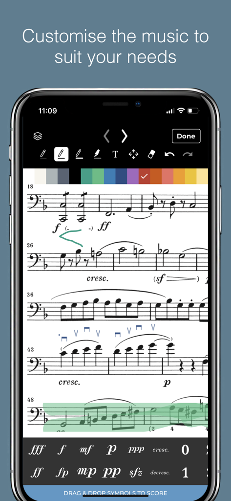 Henle Library - Interface of Henle Library app showing a digital musical score with highlighting and annotation tools for musicians