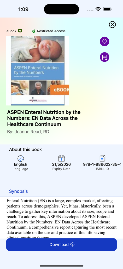 ASPEN 전자책 앱 내 "ASPEN Enteral Nutrition by the Numbers" 서적 상세 보기, 요약 및 다운로드 옵션 표시