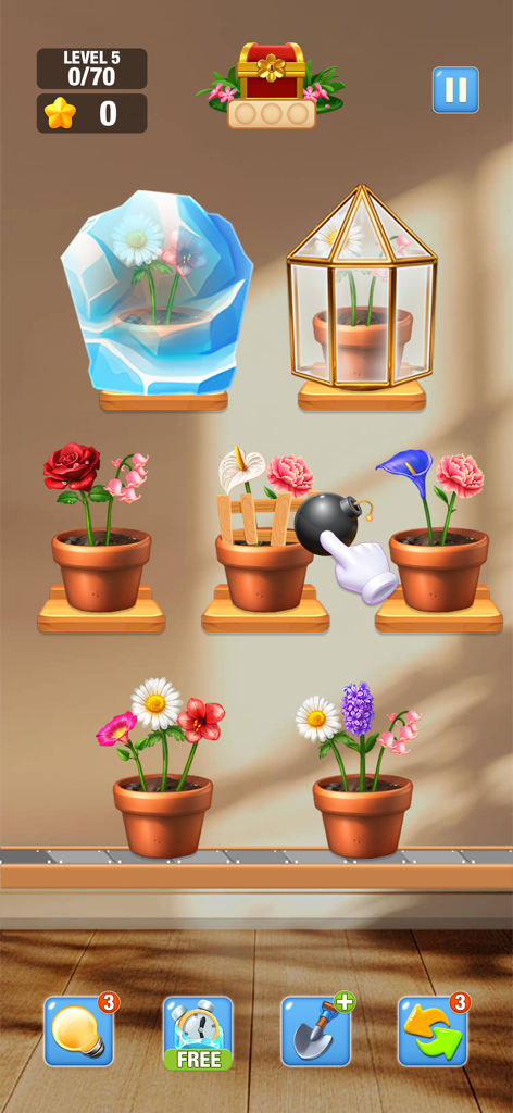 Blossom Match: Sorting Games - A gameplay screen of Blossom Match showing various flower pots, a bomb power-up being used, and garden-themed sorting puzzles.