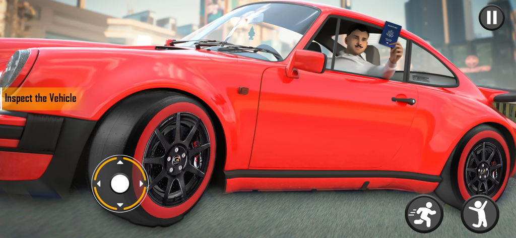 A border patrol officer inspecting a red car and a traveler holding a passport in the game