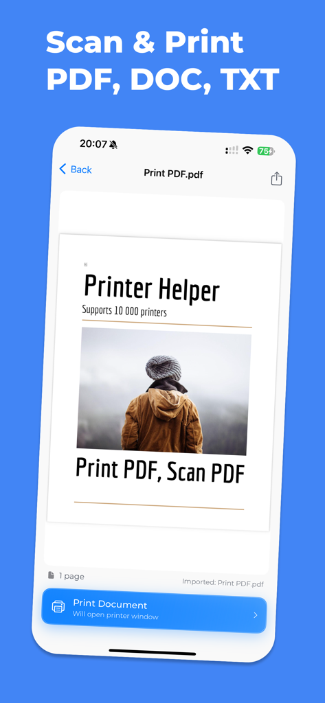 Print Helper App - Interfaz de la Aplicación Print Helper en un iPhone mostrando una vista previa del documento y un botón para imprimir el documento