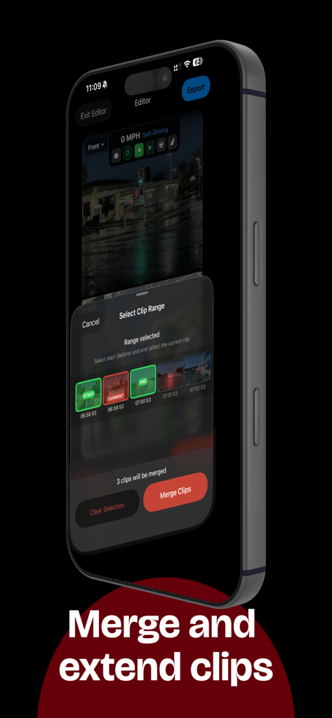 TesCam Studio - TesCam Studio mobile app interface for selecting and merging multiple Tesla dashcam clips