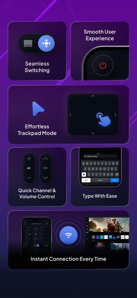 Fonctionnalités clés de l'application de télécommande TV Samsung Smart, y compris le mode trackpad, la saisie au clavier et la connexion instantanée