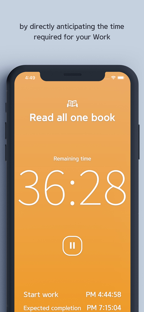 Hourglass - Time Estimation - Smartphone screen displaying the Hourglass time estimation app with a countdown timer for reading a book