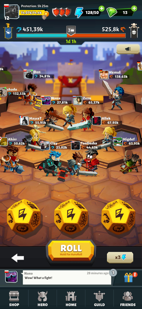 Slash & Roll: Dice Heroes - スラッシュアンドロールダイスヒーローズのギルドバトルゲームプレイ画面、キャラクターと黄色のダイスが表示されています。