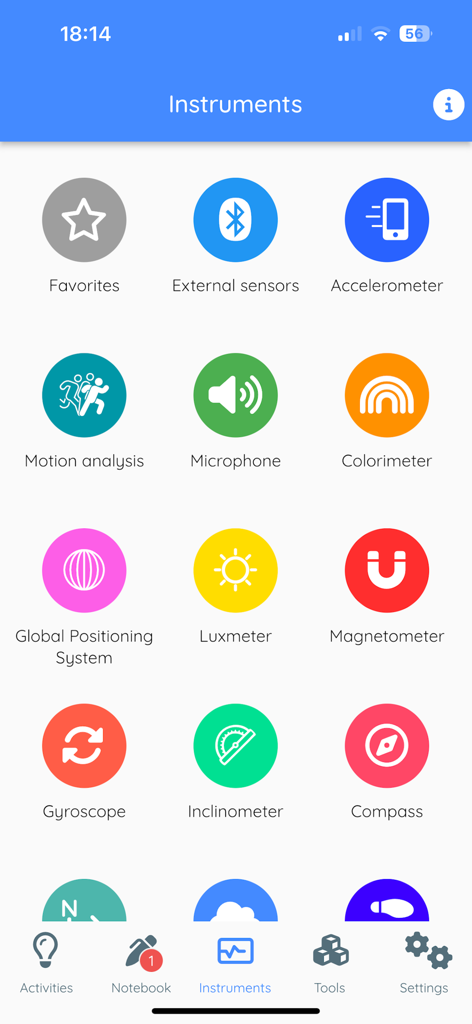 FizziQ - The instruments screen of the FizziQ app displaying various scientific sensor icons including accelerometer microphone and luxmeter