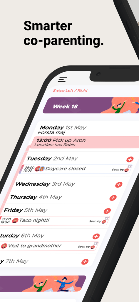 Co-parenting - Une interface de calendrier partagé pour que les parents séparés puissent suivre les transferts de garde et les activités des enfants.