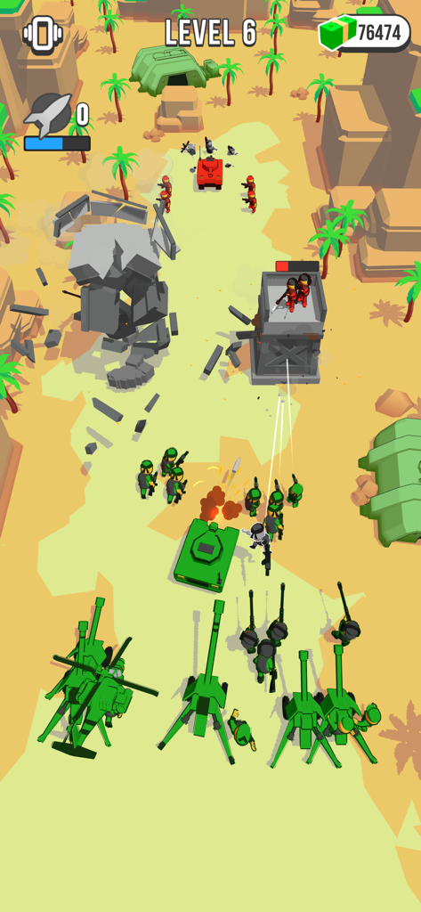 Epic Army Clash - Gameplay of Epic Army Clash showing a military battle in a desert level with tanks and soldiers