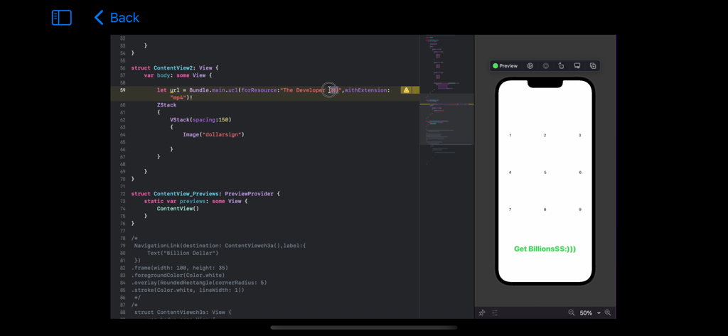 The Developer - A screenshot of The Developer app showing Swift source code in Xcode next to an iPhone app preview with a numeric keypad and Get Billions text.