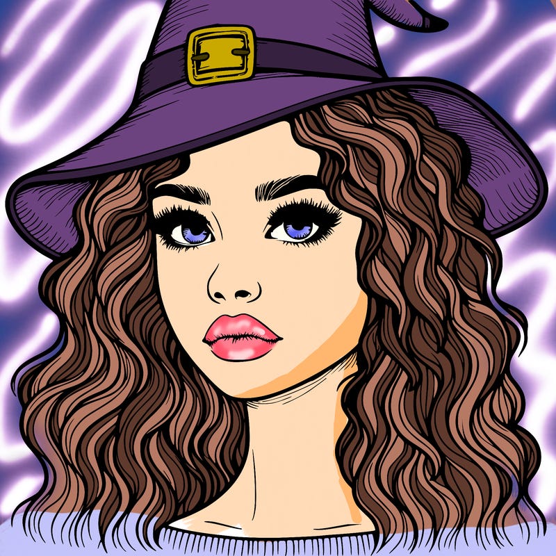realistic girl with wavy hair a witch hat and a nose and lips and eyes