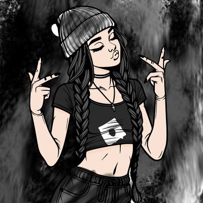 realistic teenage girl with braids and a beanie and crop top doing 🫶🏼