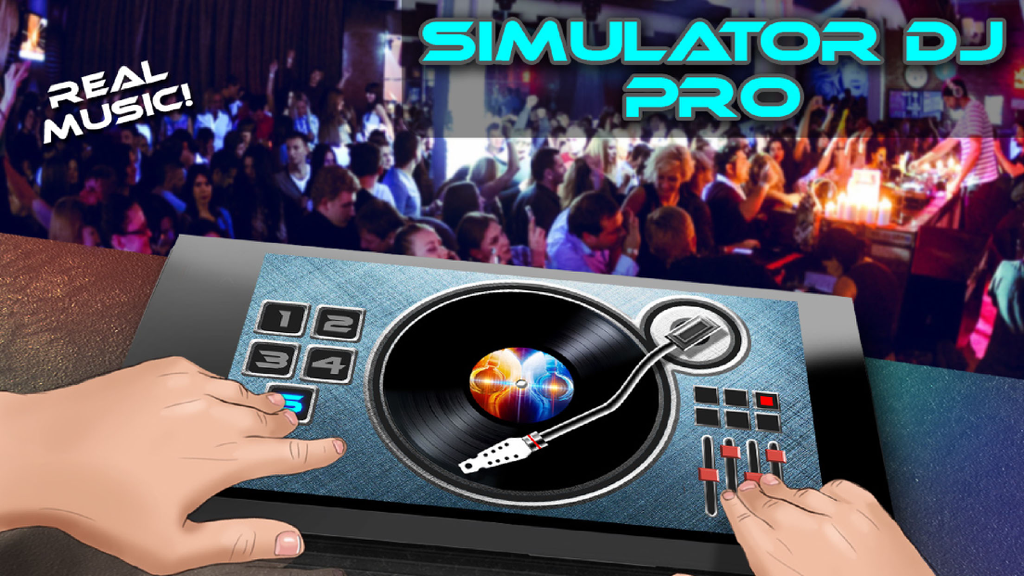 Hands playing a virtual turntable on the Simulator DJ PRO app with a crowded nightclub in the background