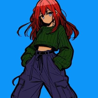 anime teen girl with baggy pants and crop top with sweater