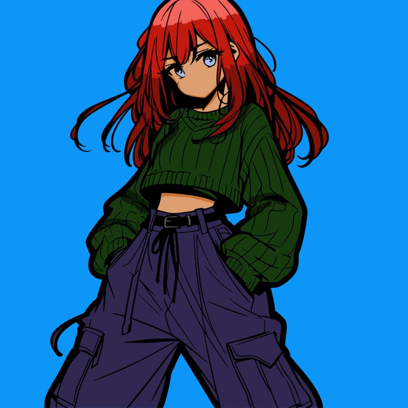 anime teen girl with baggy pants and crop top with sweater