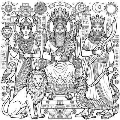 Unleash your creativity with this magnificent coloring page featuring powerful Mesopotamian deities and mythical creatures. Immerse yourself in the rich history of ancient Sumer, Akkad, Babylon, and Assyria as you bring these gods and their world to life.