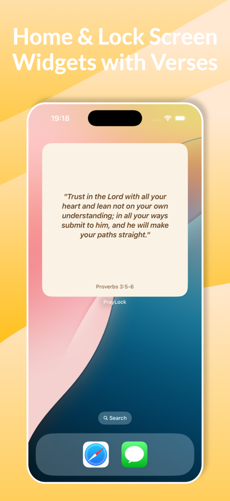 PrayLock app home screen widget displaying Proverbs 3:5-6 Bible verse on an iPhone