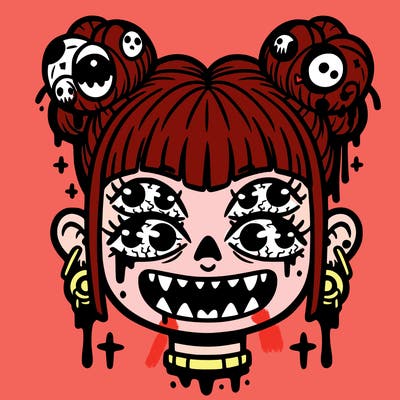 weirdcore girl with lots of eyes with sharp teeth and has space buns