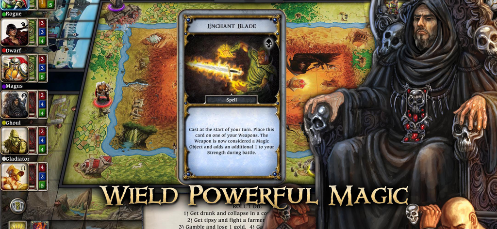 Digital board game gameplay of Talisman Classic Complete showing an Enchant Blade spell card and fantasy character portraits