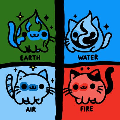 4 cats that represent the different elements, earth, water, air, and fire