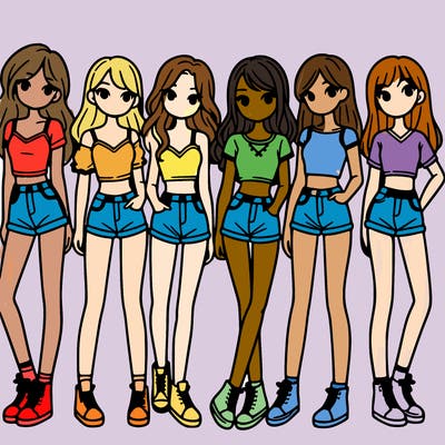 a group of girls wearing crop tops and shorts