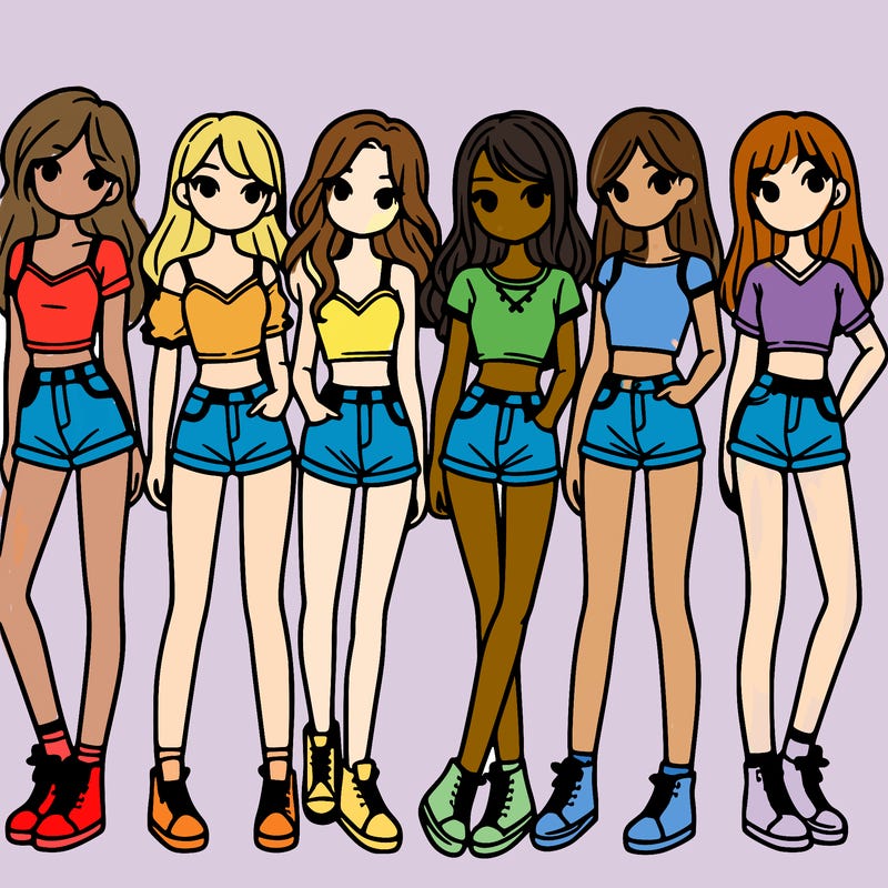 a group of girls wearing crop tops and shorts