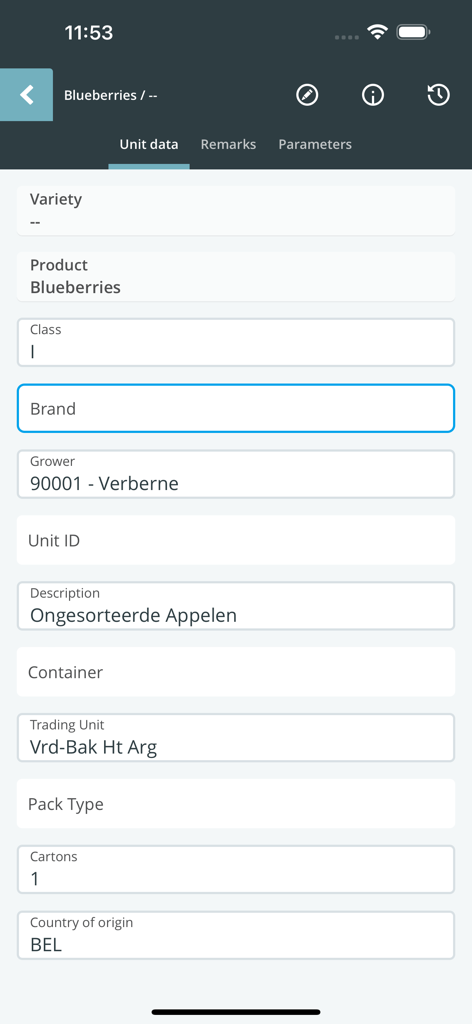 Quality control inspection form for blueberries in the QC One Inspector mobile app