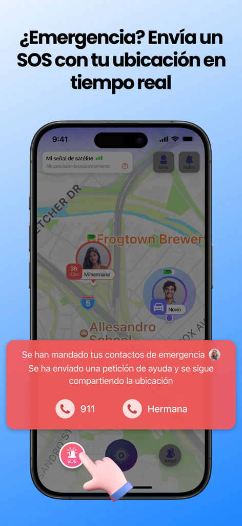 Interfaz de la aplicación LookNum mostrando el rastreo de ubicación familiar en tiempo real y una notificación de alerta SOS de emergencia.