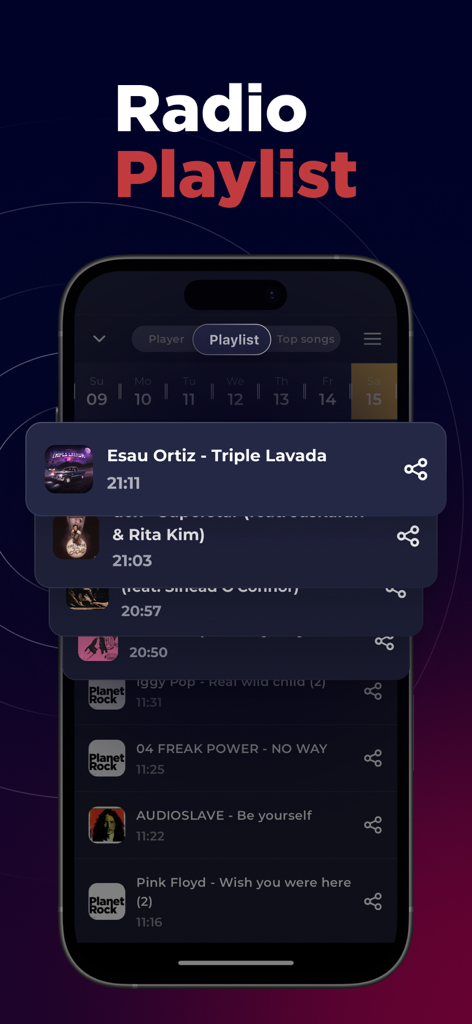 Radio Argentina Online - Écran de playlist de l'application Radio Argentine en Ligne montrant les chansons et artistes récemment joués