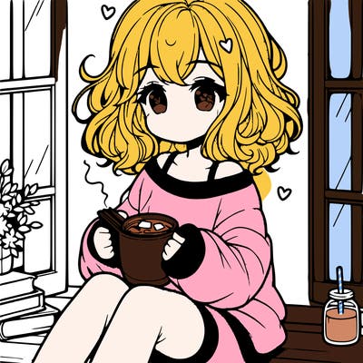cute anime girl reading book and drinking hot chocolate from mug with loose wavy hair wearing a baggy sweatshirt and shorts sitting by windowsill looking out