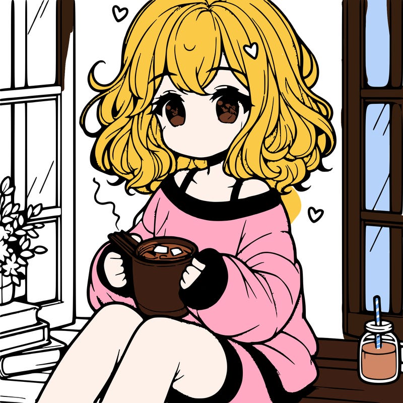 cute anime girl reading book and drinking hot chocolate from mug with loose wavy hair wearing a baggy sweatshirt and shorts sitting by windowsill looking out