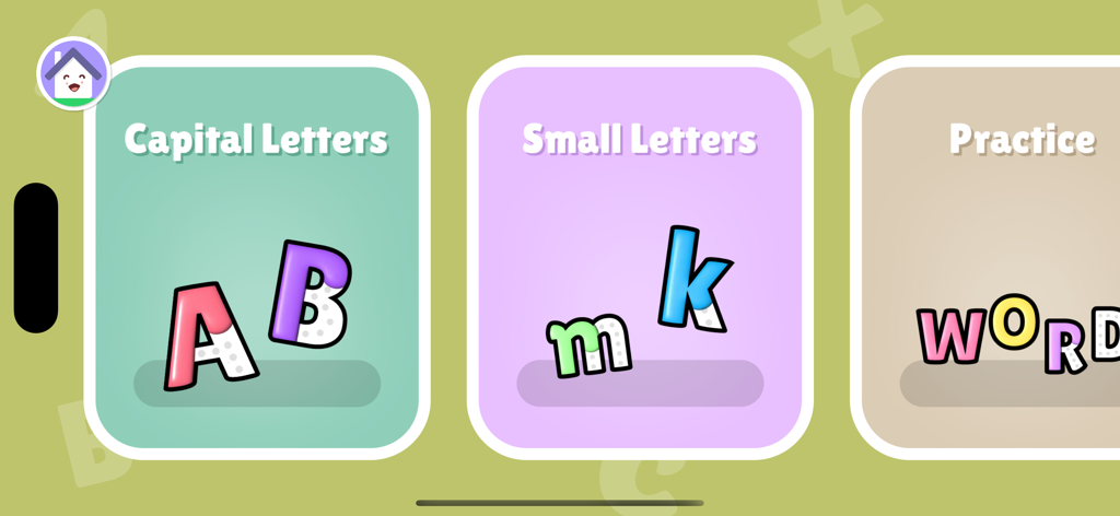 ABC 123 Letters Tracing Kids - Main menu of the ABC 123 Letters Tracing app displaying options for Capital Letters Small Letters and Practice modes.