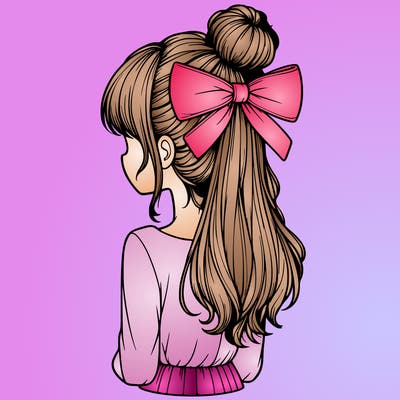 realistic girl  with hip length hair a bun and a big bow on the back of head