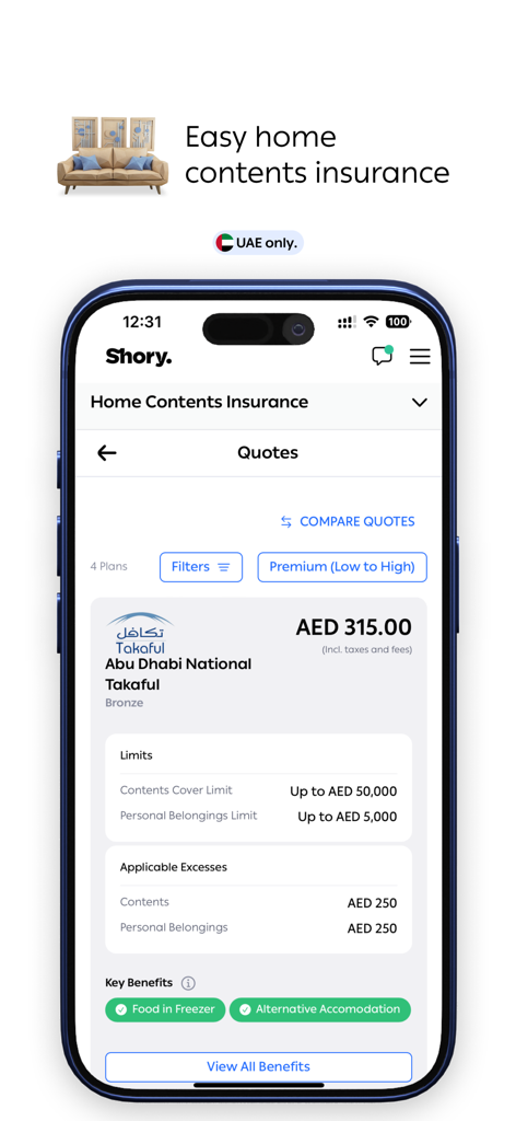 Mobile interface of the Shory app showing a home contents insurance quote including price, coverage limits, and benefits.