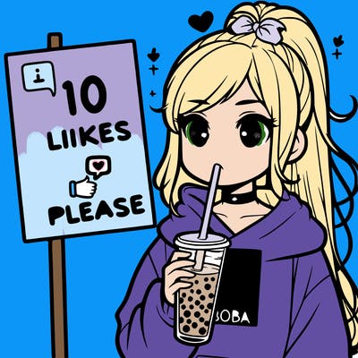 girl with a high ponytail and a hoodie drinking boba staring at a sign saying 10 likes please