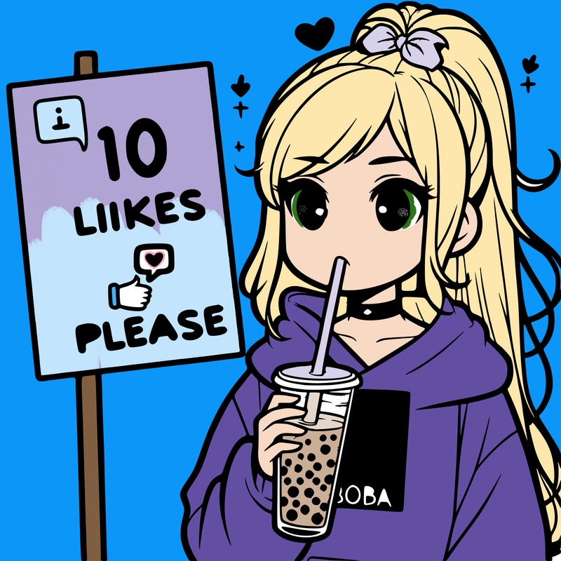 girl with a high ponytail and a hoodie drinking boba staring at a sign saying 10 likes please