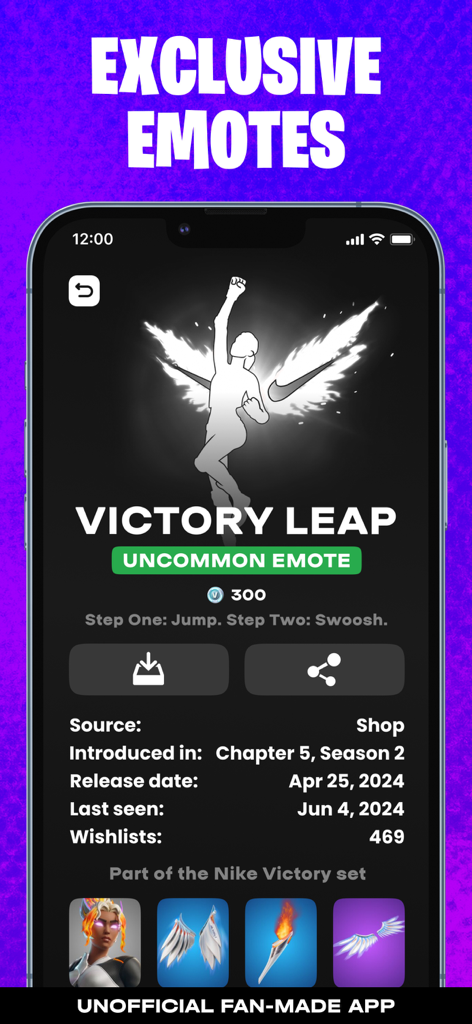 Screenshot of the Skins Battle Royale for FBR app displaying details for the Victory Leap uncommon emote and Nike Victory set items